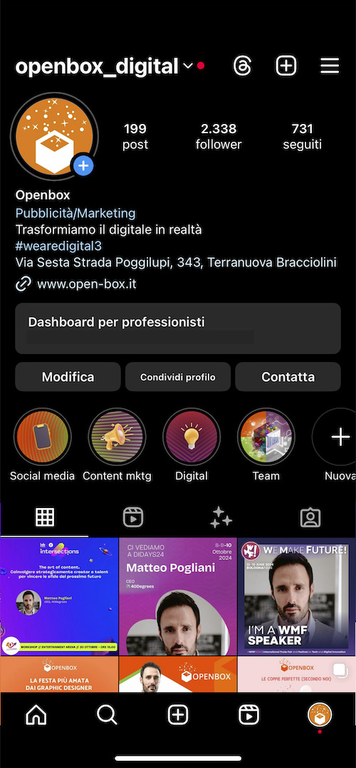 profilo instagram open box